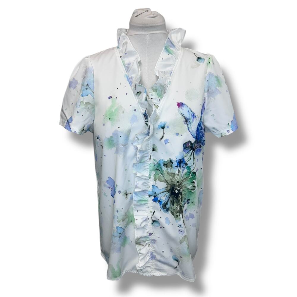 NoraCora Women’s Short Sleeve Deep V Ruffle Front Blouse, White Floral, size M